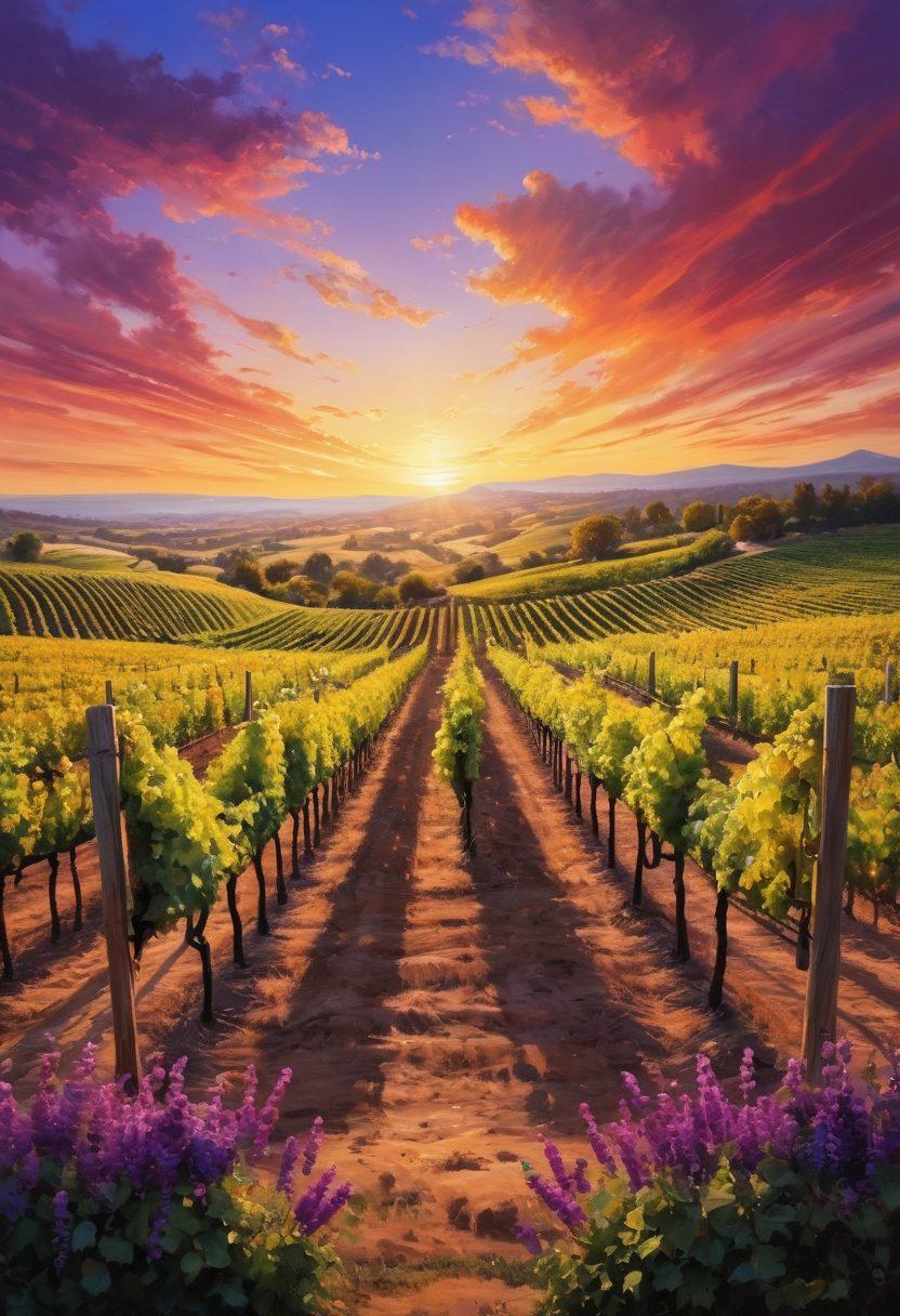 A picturesque vineyard at sunset, with rows of grapevines elegantly leading to a vibrant canvas displaying abstract wine-themed art. In the foreground, a painter passionately strokes a canvas with wine-inspired colors, surrounded by scattered paintbrushes and half-full wine glasses. The sky is painted with hues of purple and gold, symbolizing creativity and inspiration. The scene captures the harmonious blend of nature and art. vibrant colors. super-realistic.