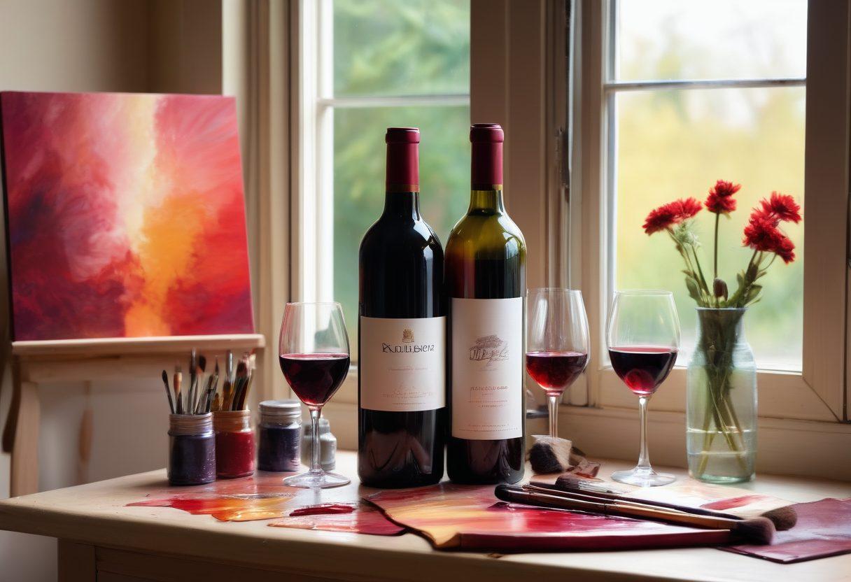 A beautifully arranged still life showcasing a wine bottle elegantly placed next to vibrant art supplies like brushes, paints, and canvases. Soft light filters through a window, casting gentle reflections on a swirling glass of red wine, blending the essence of winemaking and artistic inspiration. Rich colors evoke warmth and creativity in an inviting atmosphere. vibrant colors. painterly style. natural light.