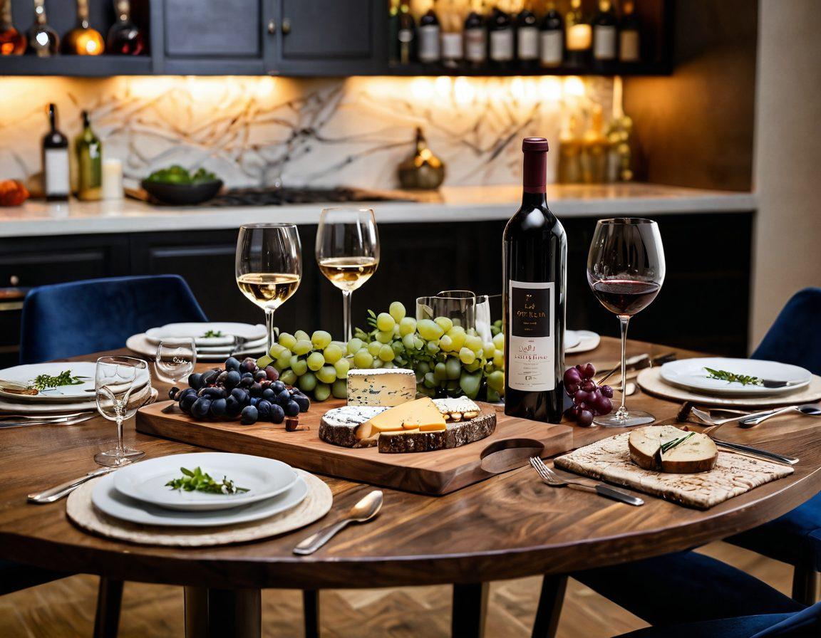 A beautifully set table with elegant wine glasses filled with premium wine, surrounded by innovative design elements like geometric coasters and artisanal cheese boards. The ambiance is warm and inviting, featuring soft lighting and delicate floral arrangements that exude sophistication. In the background, a glimpse of a modern kitchen highlights the craftsmanship behind both the food and the drinks. Artistic touch with wine bottles showcasing unique labels. super-realistic. vibrant colors. warm lighting.